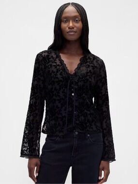 Gap Burnout Velvet Blouse Top Dark Romantic Goth Feminine Dainty Peasant Prairie
